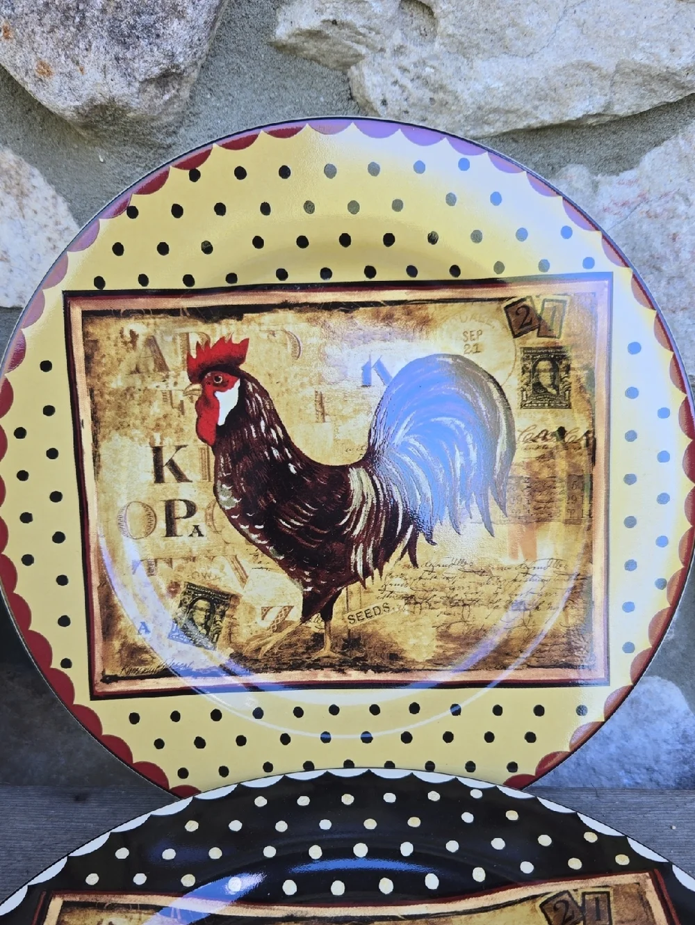 Sakura Retro Rooster Stoneware Plate Set‎ Farmhouse Country Cottage